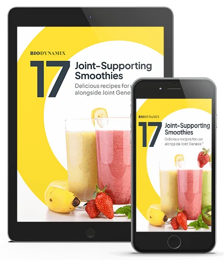 Cover of the 17 Joint-Supporting Smoothies e-book shown on a tablet and a phone