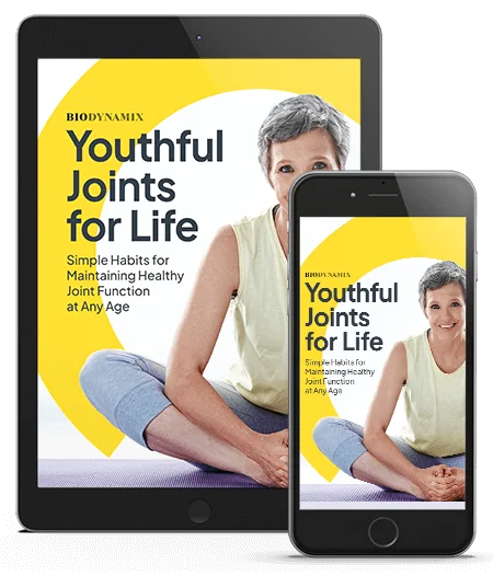 Cover of the Youthful Joints for Life e-book shown on a tablet and a phone
